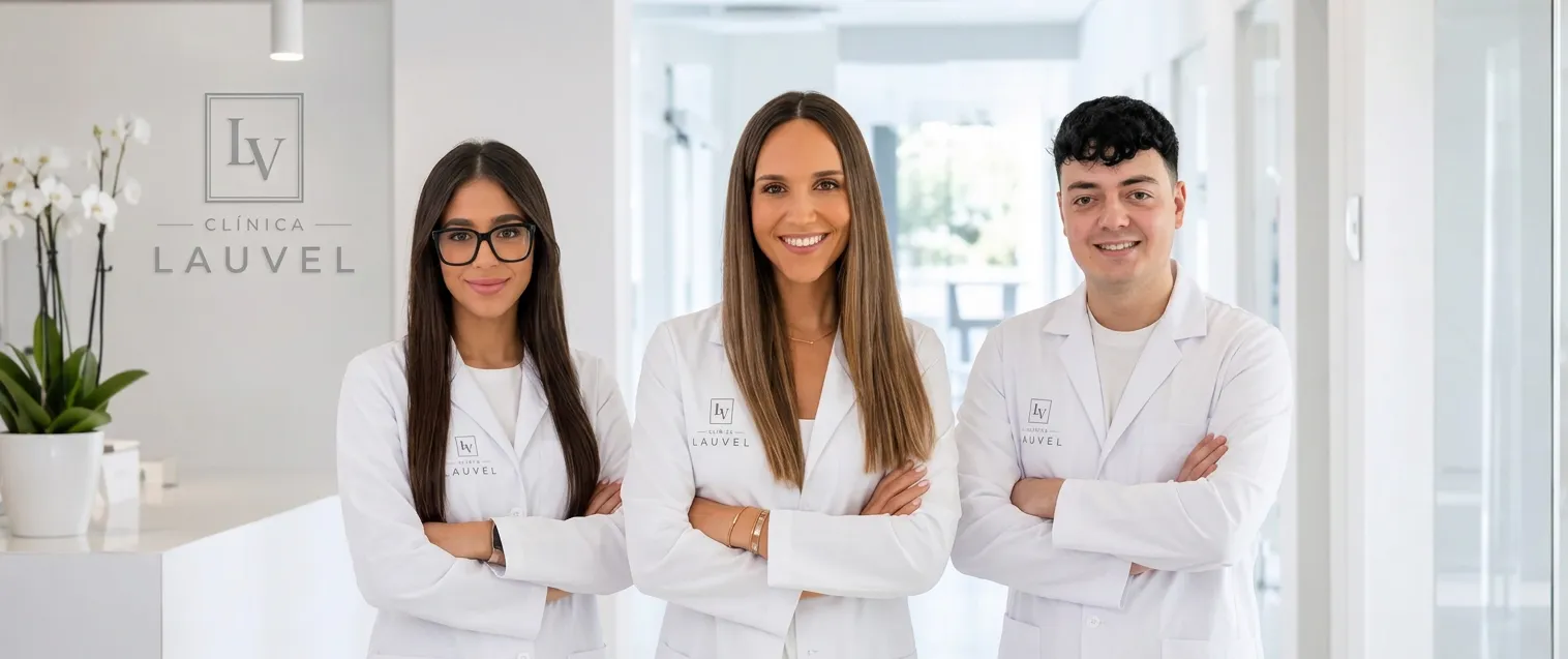 Equipo de Clínica LAUVEL con uniforme rosa en el pasillo de la clínica